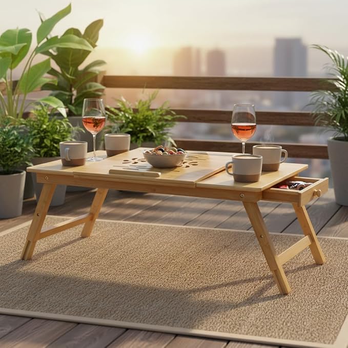 WoodNest -Bamboo Lap Desk, Laptop Desk, Portable Workstation, Adjustable Height Angle, Foldable Tray for Couch Bed Floor, Drawer with Magnetic Closure, Mouse Pad, Phone Slot, Leather Handle.
