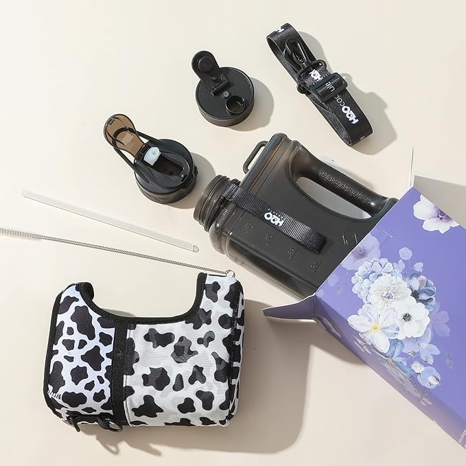 H2O Capsule Half Gallon Cube Square Water Bottle - 2.2L Water Bottle with Strap, Storage Sleeve, Covered Straw and Chug Lid – BPA Free Reusable Sports Water Jug with Handle, (68 Ounce), (Cow)