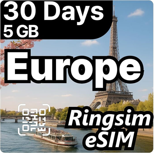 [eSIM] Europe eSIM | 30DAYS 5GB | UK, France, Italy, Spain, Germany | 5G, 4G/LTE, Tethering, Hotspot | eSIM with Instant Activation in 10 Minutes | Travel eSIM by Ringsim
