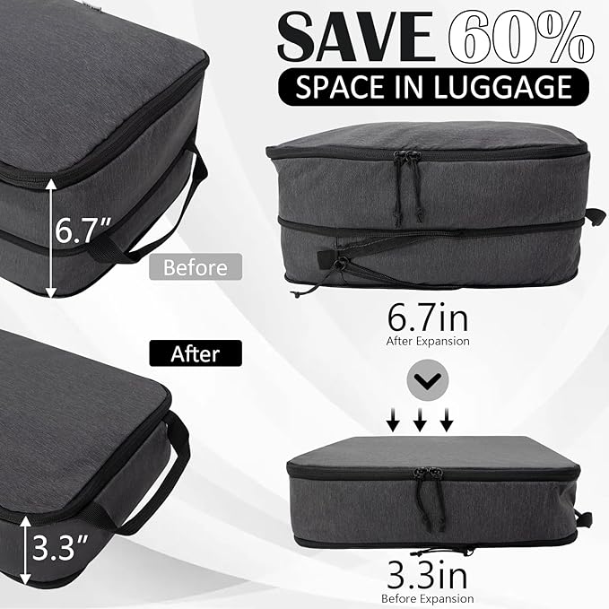 Compression Packing Cubes for Travel Essentials, 2 Set Expandable Packing Cubes for Suitcase Luggage Organizer Bags for Travel, Black