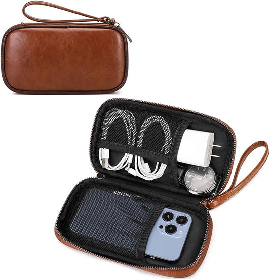 KYALOU Small Electronics Organizer, Travel Cord Case Cable Pouch Tech Carry Storage Bag for Charger, Cable, Phone, Hard Drive, USB, Power Bank, Earphone | Single Layer - Brown