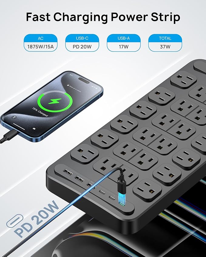 TROND Surge Protector Power Strip, 360° Rotating Flat Plug, 24 AC Outlets, 6 USB Ports Total 37W, 4000 Joules, ETL Listed, 15ft Heavy Duty Extension Cord 1875W for Gaming Dorm Room Essentials Black