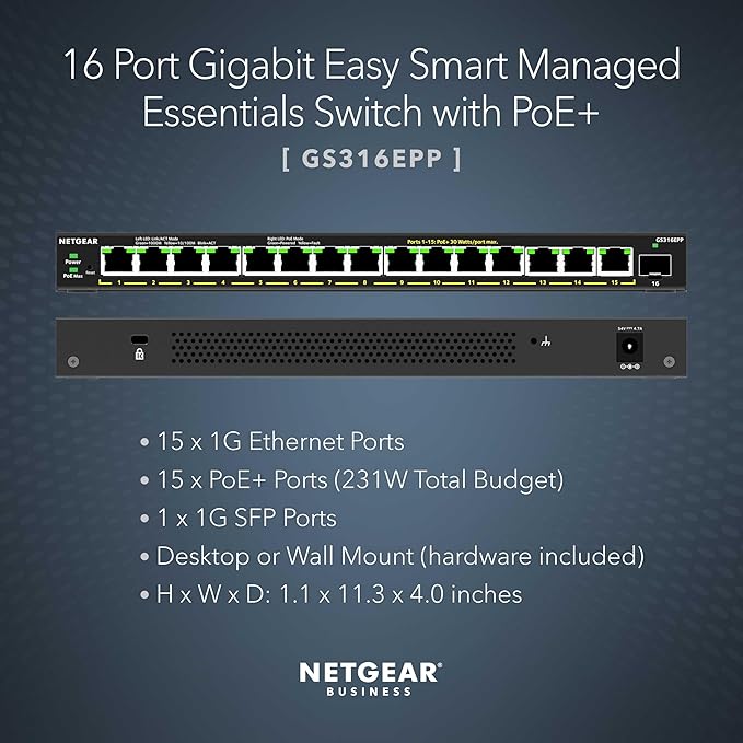 NETGEAR 16-Port PoE Gigabit Ethernet Easy Smart Managed Essentials Switch (GS316EPP) - Managed, with 15 x PoE+ @ 231W, 1 x 1G SFP Port, Desktop or Wall Mount