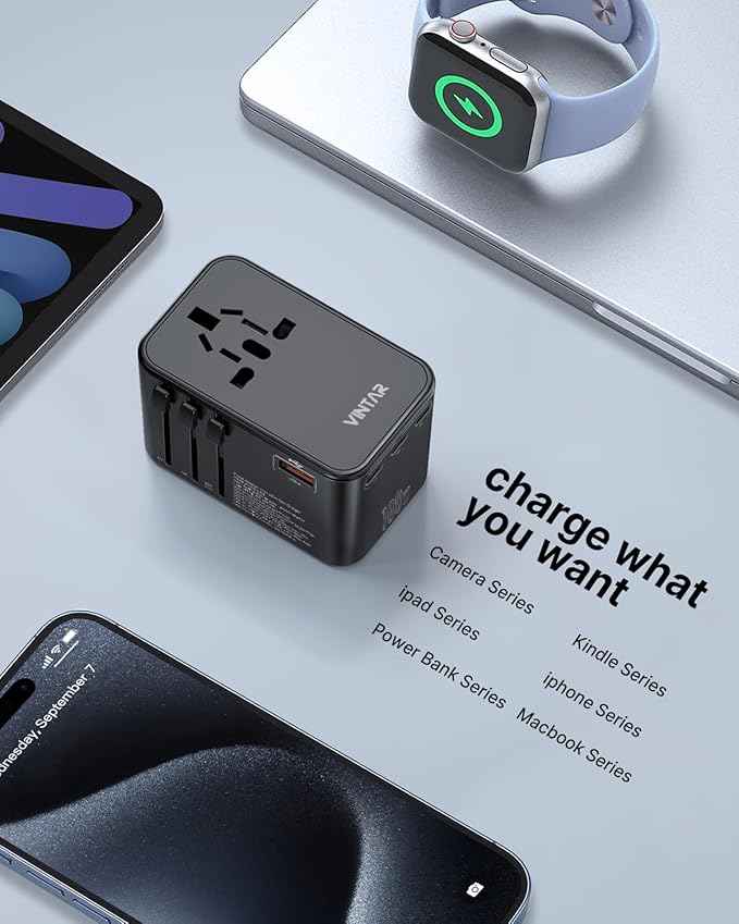 Universal Travel Adapter, VINTAR 100W GaN International Power Adapter with 3 USB C PD and 1 USB A QC, All in One Plug Adapter, Travel Adapter Worldwide for EU/UK/USA/AUS(Type C/G/A/I)