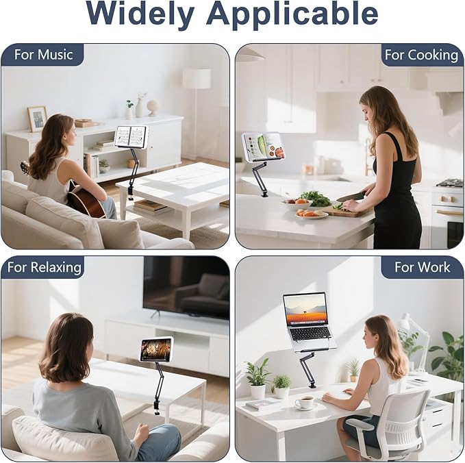 ASIEIT Desk Clamp Book Stand, Aluminum Book Holder Adjustable Height & Angle, Cookbook Stand for Kitchen, Recipe Book Holder with 360° Swivel Base, Book Stand for Reading, Office, Laptop