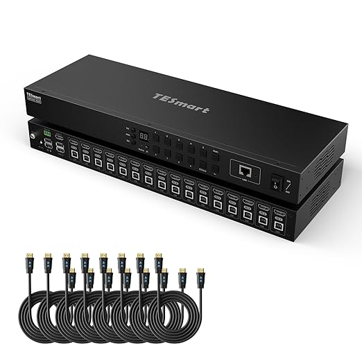 TESmart 16 Ports HDMI KVM Switch 4K@30Hz, 16X1 1U Rack Mount KVM USB2.0 EDID Emulator with 8 Pcs 5ft KVM Cable, Control up to 16 Computers/Servers, with RS232 & LAN Port