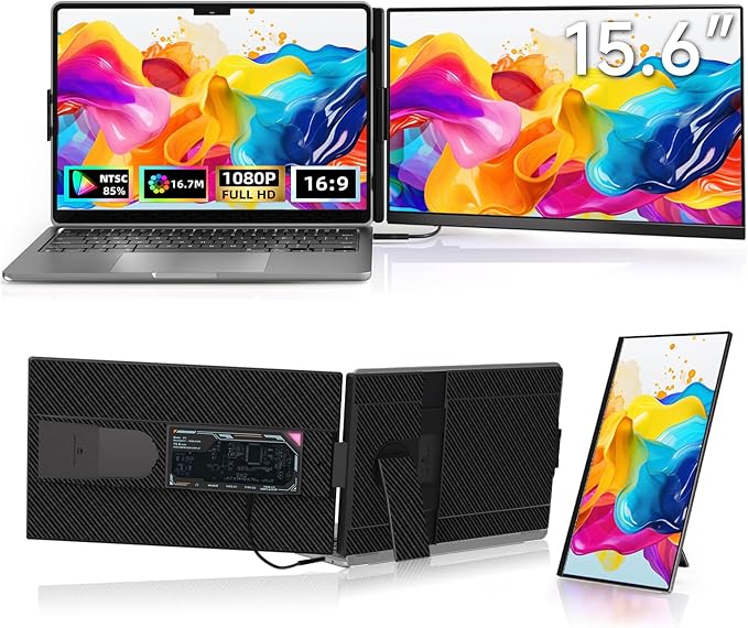 ROYY Laptop Screen Extender Dual Monitor - 15.6" Portable Monitor FHD 1080P IPS 85% NTSC Detachable Screen Extended Extra USB-C/HDMI Port Compatible with Wins Mac Dex Chrome Fits 13"-17" Laptops