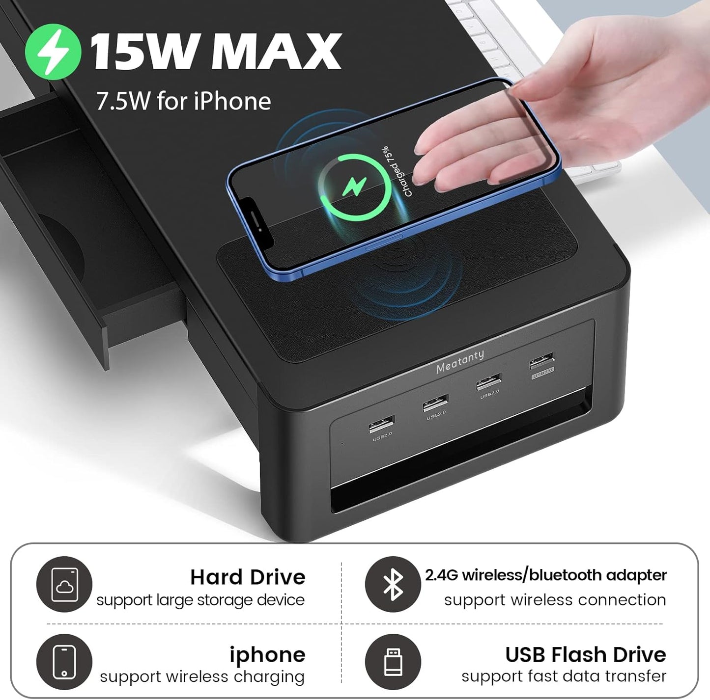 meatanty 3 In 1 Monitor Stand Riser with 2 Drawers,1 Wireless Charging Module and 4 USB Ports,Metal Computer Stand Support Transfer Data & Charging,Desk Organizer for PC,iMac (21 inches)