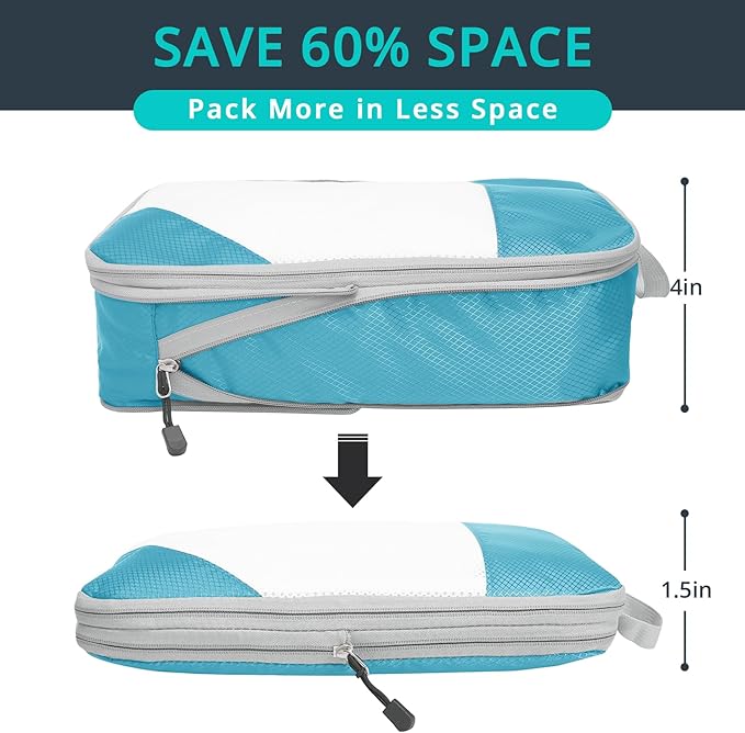 Compression Packing Cubes 3 Set, Compressible Space-Saving Packing Cubes for Travel - Compression Bags, Luggage Organizer, Travel Essentials for Women, Teal