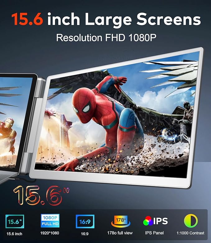 Laptop Screen Extender, 15.6-inch FHD 1080P IPS Triple Screen Portable Monitor Extender 12–18.5 inch, Portable Laptop Extended Monitor Compatible with Windows and MacBook