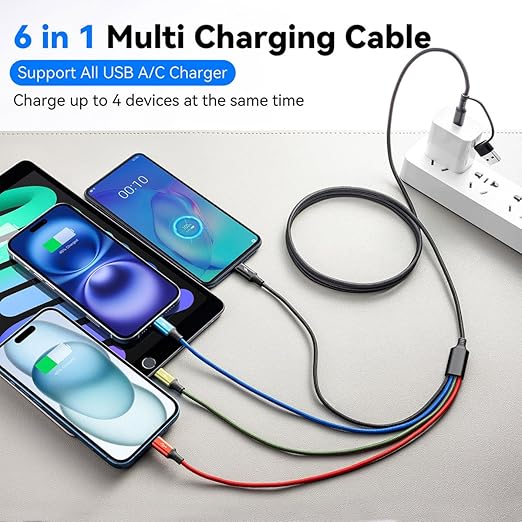 6 in 1 Multiple Charging Cable, 2Pack 6Ft Multi Chargers Cord for All Devices Braided USB A/C to Lightning/Type C/Micro USB Ports Universal Charger Cable for iPhone Series/Samsung/Tablets/PS and More