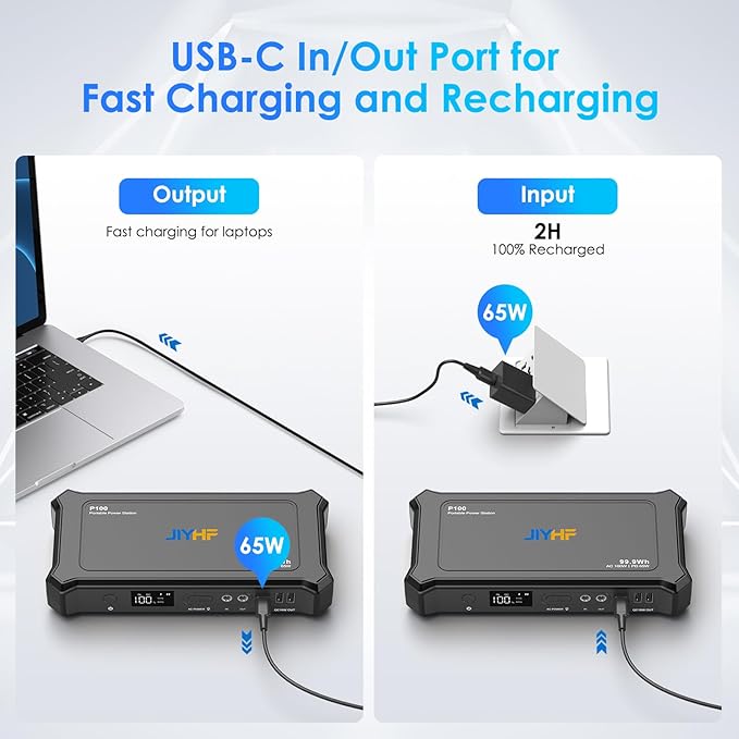 JIYHF Portable Power Bank with AC Outlet - 99.9Wh Backup Battery, 100W AC & 65W USB-C PD Fast Charging Ideal for Outdoor Work, Compatible with iPhone16/15 Series, iPad, MacBook, Laptop