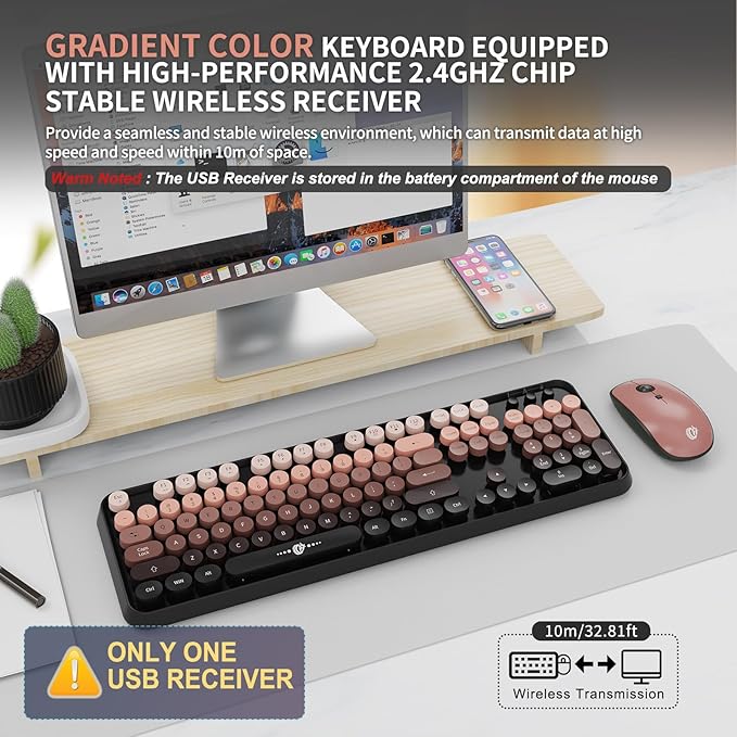 FD Wireless Keyboard and Mouse Combo - 2.4G Full-Sized Cute Colorful Mouse and Keyboard with 104 Round Keys Retro Typewriter Keyboard for Laptop/Windows/PC - Black Gradient