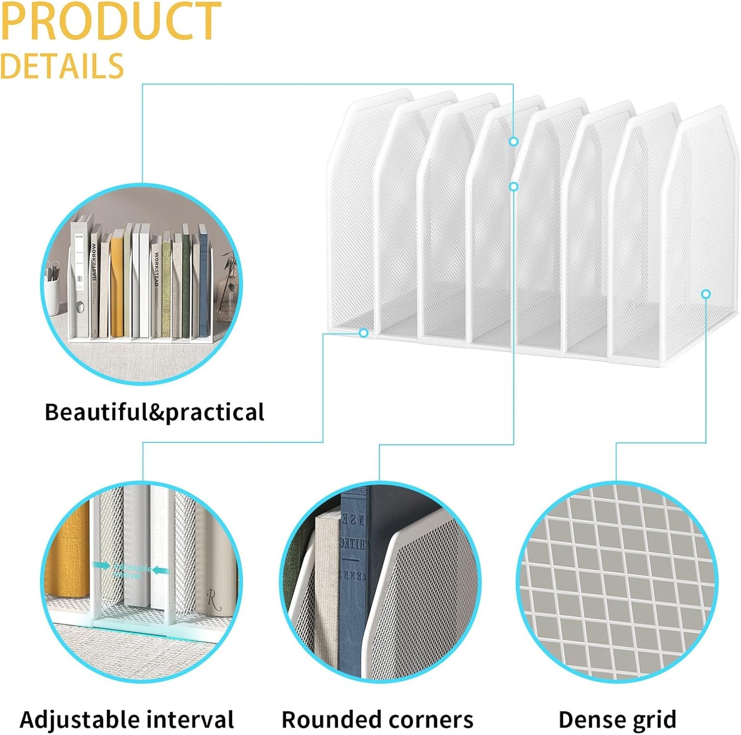 Vertical File Organizer for Desk - Metal Mesh File Holder with 7 Compartments, File Folder Rack & Document Storage Stand, File Sorter for Office/Home/School Use - 12.8" x 8.5" x 7.9"