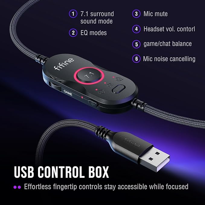 FIFINE Wired Gaming Headset: 7.1 Surround Sound - Vibrant RGB Lighting - NC Mic - Ergonomic Ear Pads - Control Box, Streaming USB Headset for PC, PS5/PS4, Laptop, Mac - AmpliGame H13BP (Black&Purple)