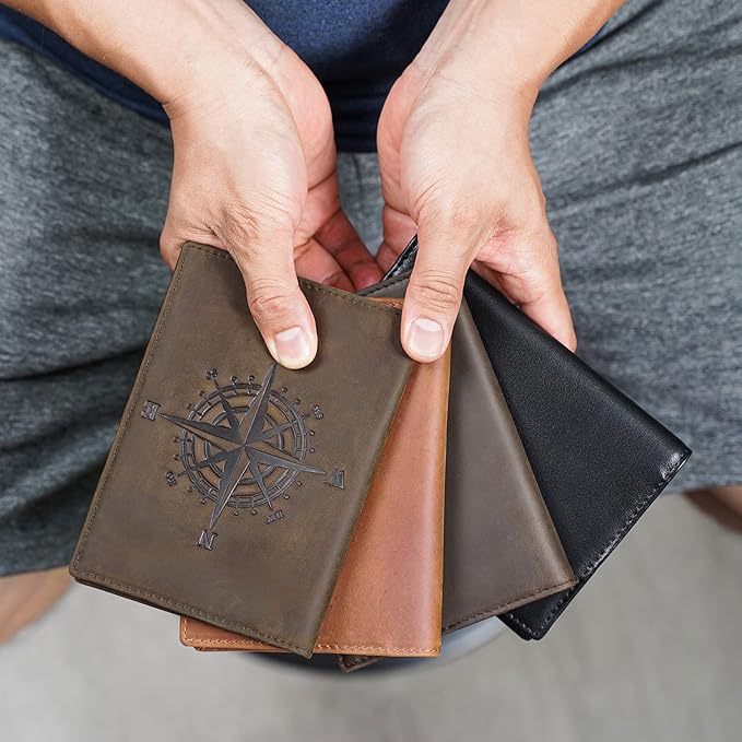 Polare Slim RFID Blocking Leather Passport Holder Travel Bifold Wallet For Men(Dark Brown Compass)