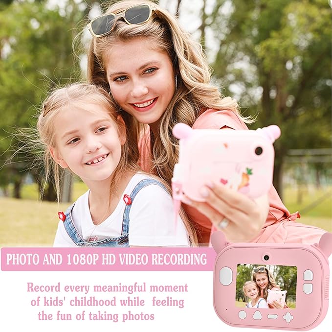 Kids Camera Instant Print Camera with 12 Rolls Refill Print Paper, Christmas Birthday Gifts for Girls Toy Pink Camera Digital Video Selfie Print That Photos Camera with 32GB TF Card