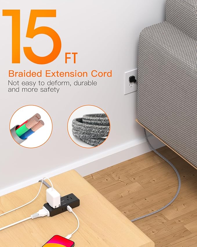 Extension Cord 15 ft, BESHON Flat Plug Power Strip, Long Power Strip, 4 Widely Outlets with 3 USB Ports (2 USB C), Extension Cord with Multiple Outlets for Home, Office, Dorm Room Essentials, Black