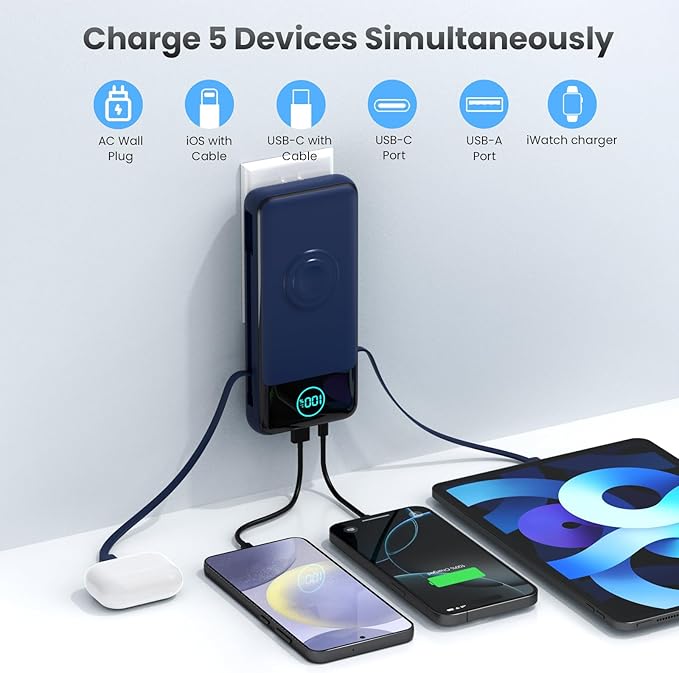 Portable Charger 26800mah for iPhone with Built-in Cables & AC Wall Plug,6-in-1 USB C Power Bank with iWatch Charger,25W PD Fast Charging Battery Pack for iPhone 16/15/14/13/12,Android,Apple Watch etc