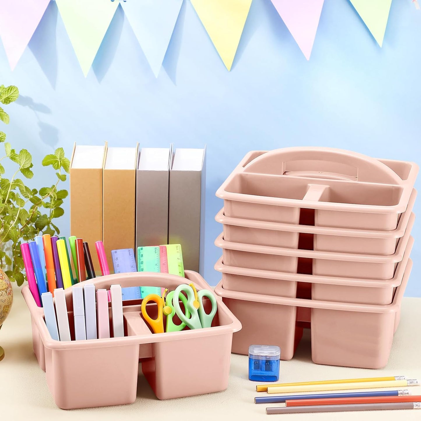 12 Pcs Classroom Caddy with 3 Compartment - Multipurpose Portable Plastic Storage Table Caddies with Handles for School Home Office Organizer(Flesh Pink)