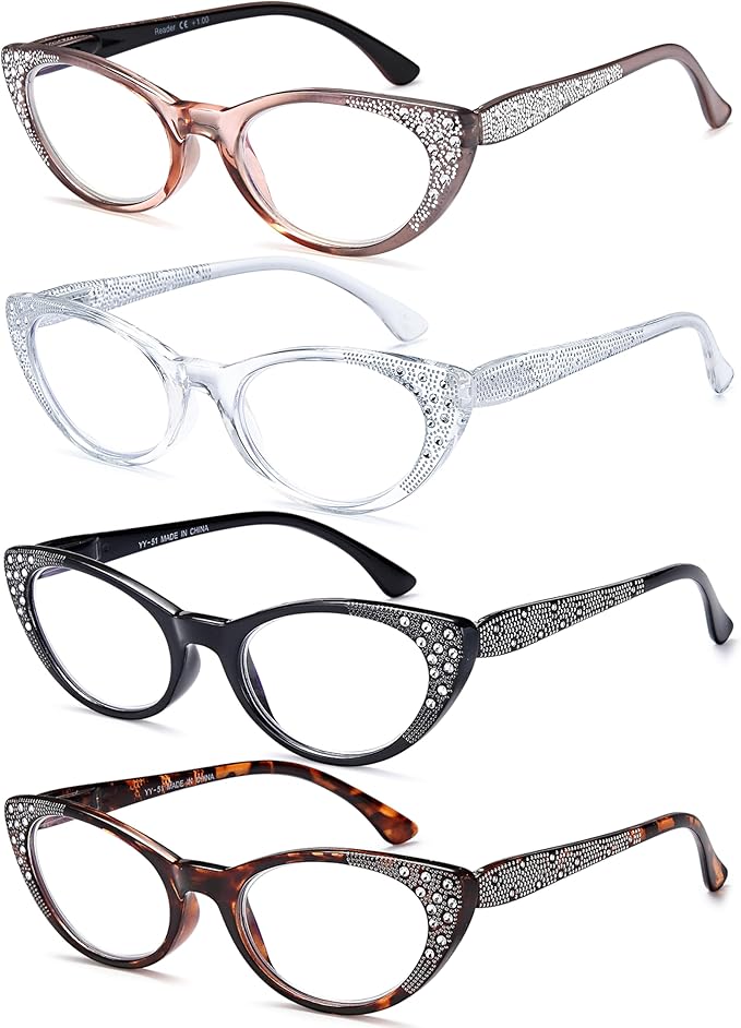 EYEURL 4-Pack Cat Eye Reading Glasses for Women Blue Light Glasses Fashion Computer Readers with Spring Hinge Anti-Glare Readers for Women 1.25