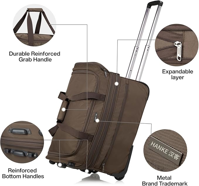 Hanke Large Expandable checked Luggage Suitcases with Wheels Foldable Duffle Bag for Travel suitcase for Women Men Garment Bag（Coffee）