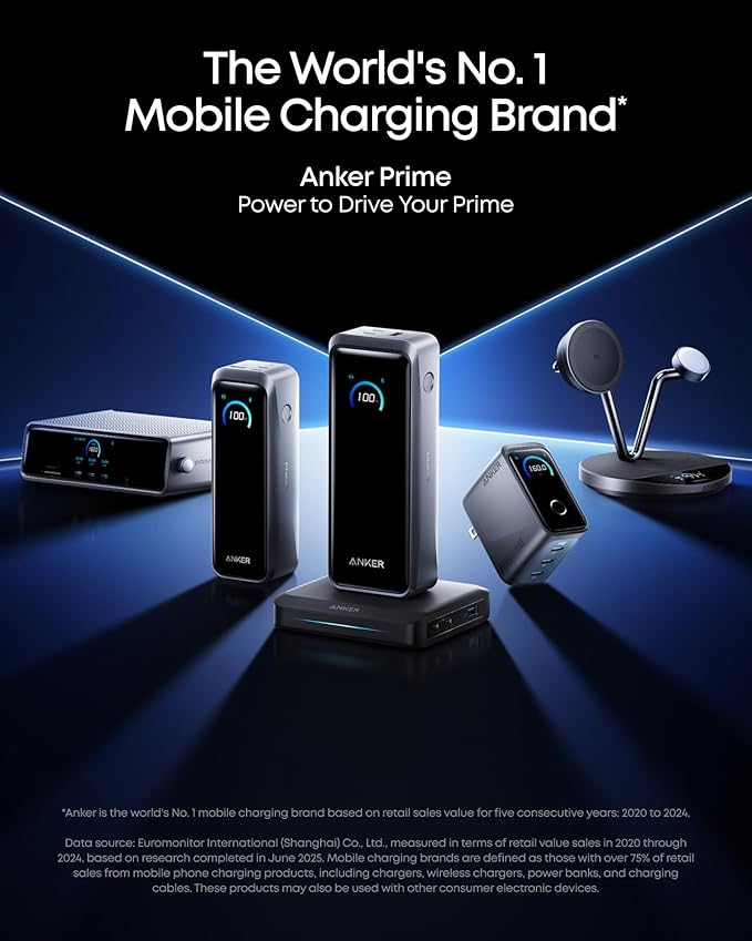 Anker Prime Charger, 160W 3-Port Compact USB C GaN Charger Block, Smart Display and Touch Control, 140W Max Charging via Any Single Port, for MacBook, Laptop, iPhone 17/16/15 Series, iPad(Non-Battery)