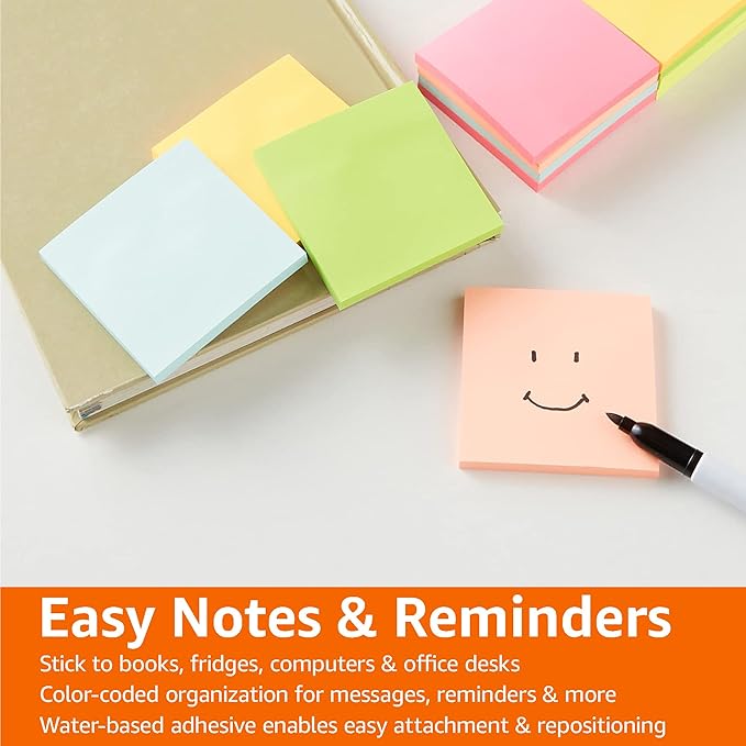 Amazon Basics Sticky Notes, 3x3 Inches, Assorted Colors Self-Stick Pads, Easy to Post for Home, Office, Notebook, 70 sheets/Pad, Pack of 12