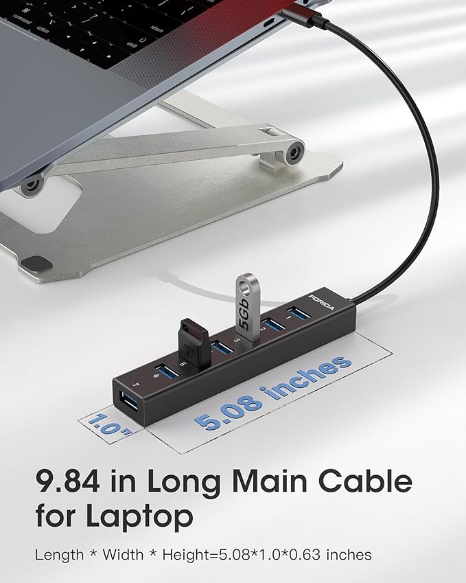 FORIDA USB C Hub-8 Port USB HUB with 7 USB3.0 Data Ports,Aluminum Alloy USBC Splitter with Type C 5V/3A Power Port Compatible with MacBook, iPad, Surface Pro, XPS, Laptop,PC (Black,USB C-9.8in)