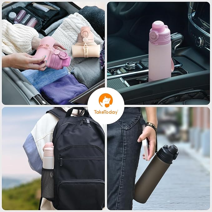 TakeToday Collapsible Water Bottles 20oz, Leak Proof, BPA-Free, Foldable Silicone Travel Water Bottle with Straw Strap for Cycling, Hiking, Outdoors