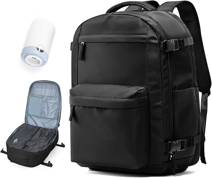 Vacuum Travel Backpack with Pump for Women,Personal Item Carry on Backpacks Flight Approved 18x14x8 inches for Men,Laptop Waterproof Work Compression bags Casual Daypack. Black