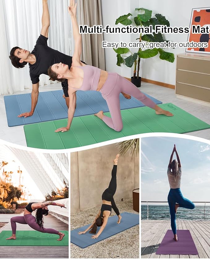 Foldable Yoga Mat 10mm Thick Wide Exercise Mat Non Slip Workout Mat for Home Gym, Travel, with Yoga Carrying Bag
