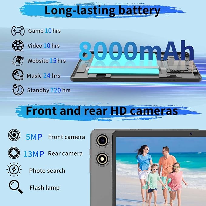 Android 15 Tablet with Keyboard, 26GB RAM+256GB ROM(2TB Expand), 10 inch tablet with 8000mAh Battery, 2.4G/5G WiFi, 5MP+13MP Dual Camera, Widevine L1, GMS Certified, Mouse, Case, Stylus(Silver)