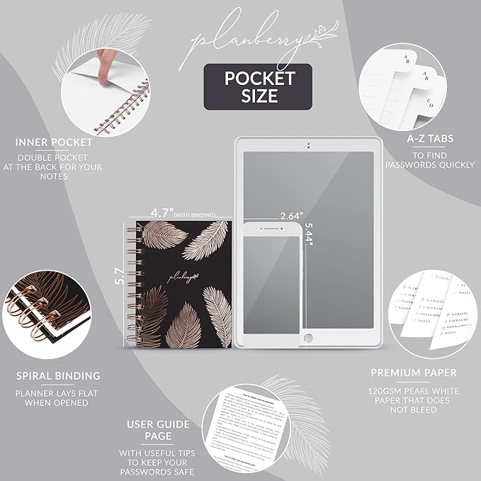 PLANBERRY Password Book Premium – Small Internet Address Organizer with A-Z Tabs – Pocket Website Password Keeper with Alphabetical Tabs – 4.7x5.7″, Hardcover (Onyx Black)