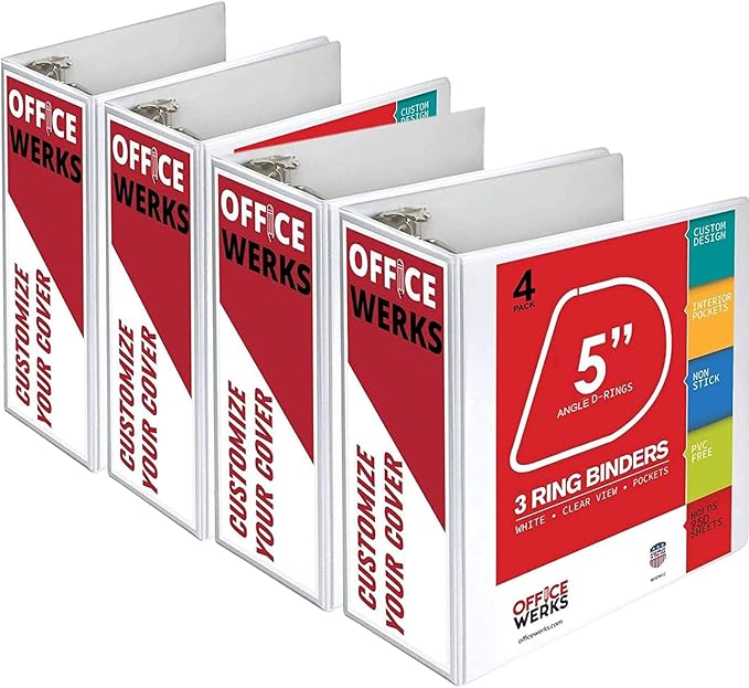 3 Ring Binder, Professional D Ring 5 Inch, Presentation Folder for Standard Pages 8.5 x 11 with Pockets, Crystal Clear View White (4 Pack)