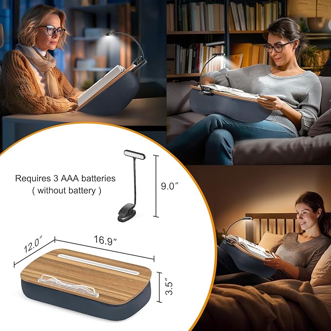 Beanbag Pillow Stand With 6500K Reading Light, Hands Free Holder, Comfortable Lap Stand for Reading in Bed, Desk, or Sofa, Wooden Rest for Book Lovers, AAA Battery Required