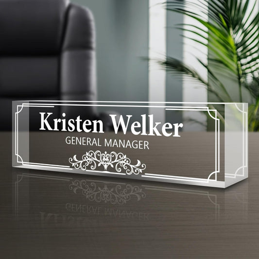 Personalized Name Plate for Desk - Custom Engraved Name Plates for Man - Boss Day Gifts for Boss - Acrylic Office Decor Appreciation Gifts for Teacher Nurse Coworker Social Worker (White Pattern)