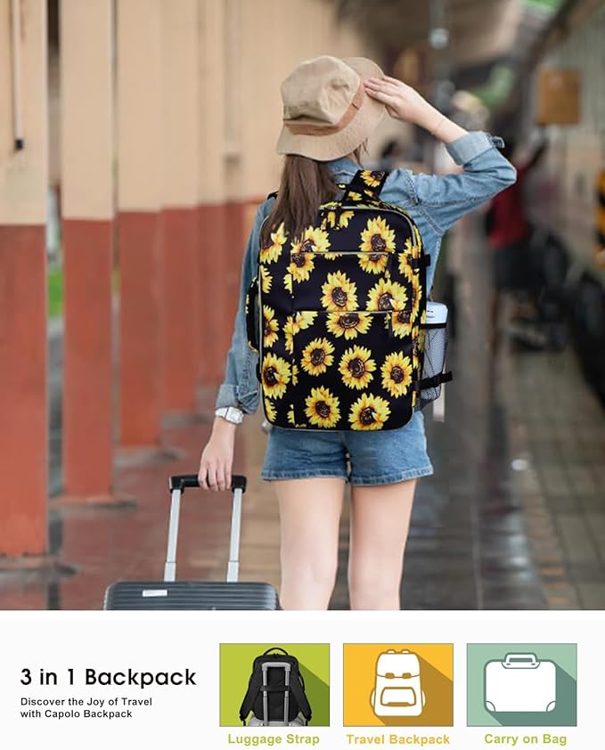 Capolo Travel Backpack for Women Men Waterproof Laptop Backpack Airlines Approved Carry On Backpack Bag Computer Bookbag for Business, Work, Traveling Fits 17 Inch Laptop(Sunflower)