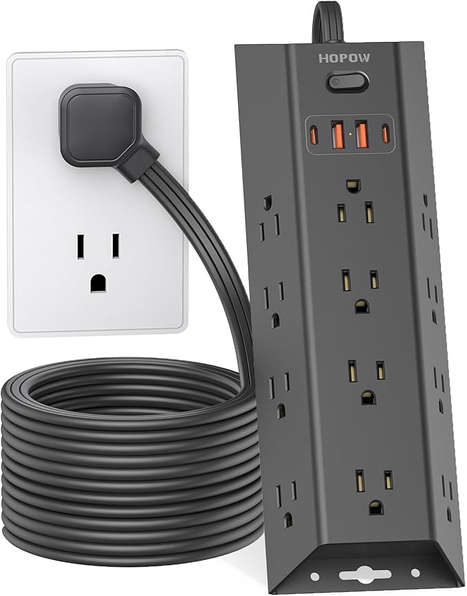 12 Outlets Surge Protector Power Strip, HOPOW 5FT Flat Plug Extension Cord with 12 AC Outlets & 4 USB Ports (2 USB C), 1700 Joules, Desk Charging Station for Home Office Room, Black