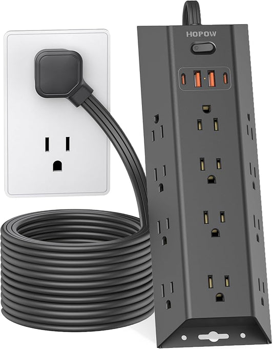 12 Outlets Surge Protector Power Strip, HOPOW 5FT Flat Plug Extension Cord with 12 AC Outlets & 4 USB Ports (2 USB C), 1700 Joules, Desk Charging Station for Home Office Room, Black