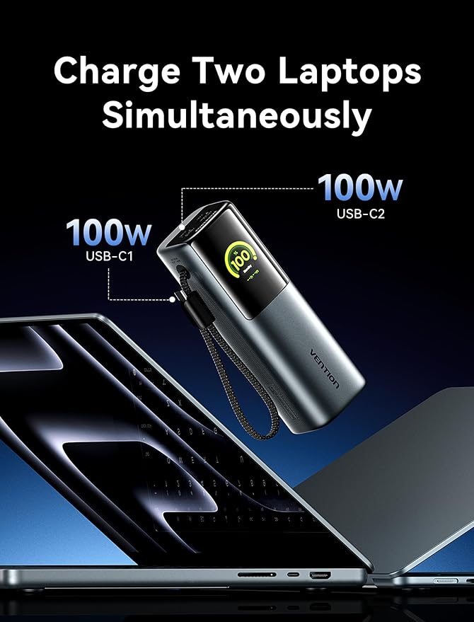 VENTION Powerhive 200W Portable Laptop Charger, 27000mAh Power Bank, Digital Display & Emoji Animation, Integrated USB-C Cable, for iPhone 16/15/14/13 Pro Max, MacBook, Dell, HP, Galaxy S24