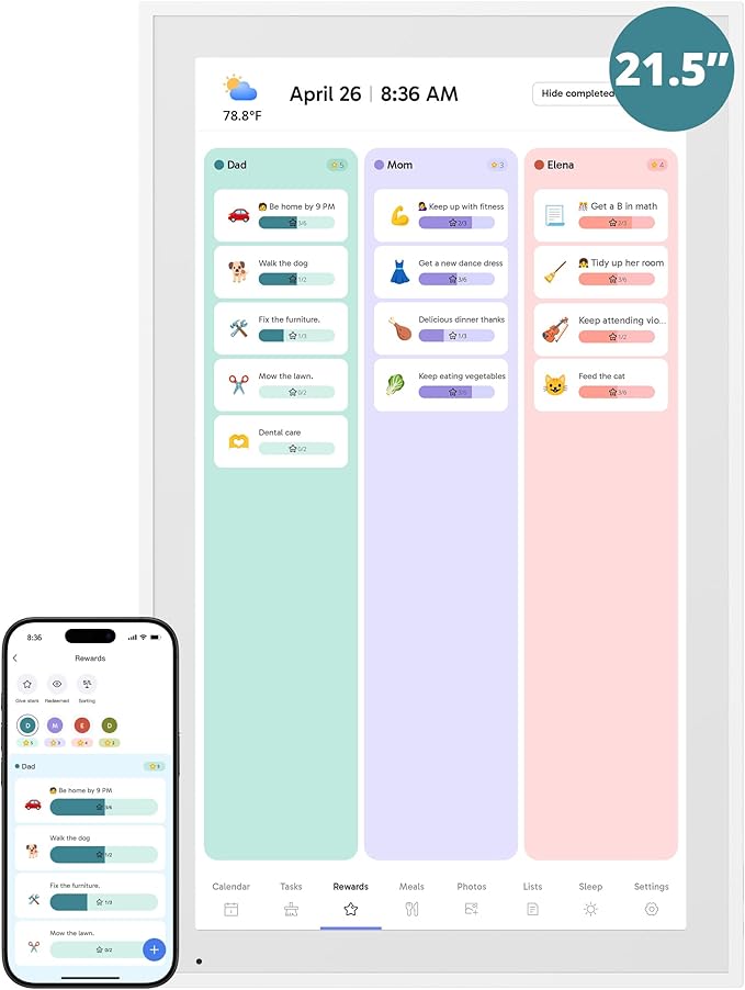 Digital Calendar 21.5 Inch Touch Screen, Electronic Wall Calendar Chore Chart for Family Monthly/Weekly Planner, Interactive Display Smart Calendar for Home Organization, Desk Mount Included - White