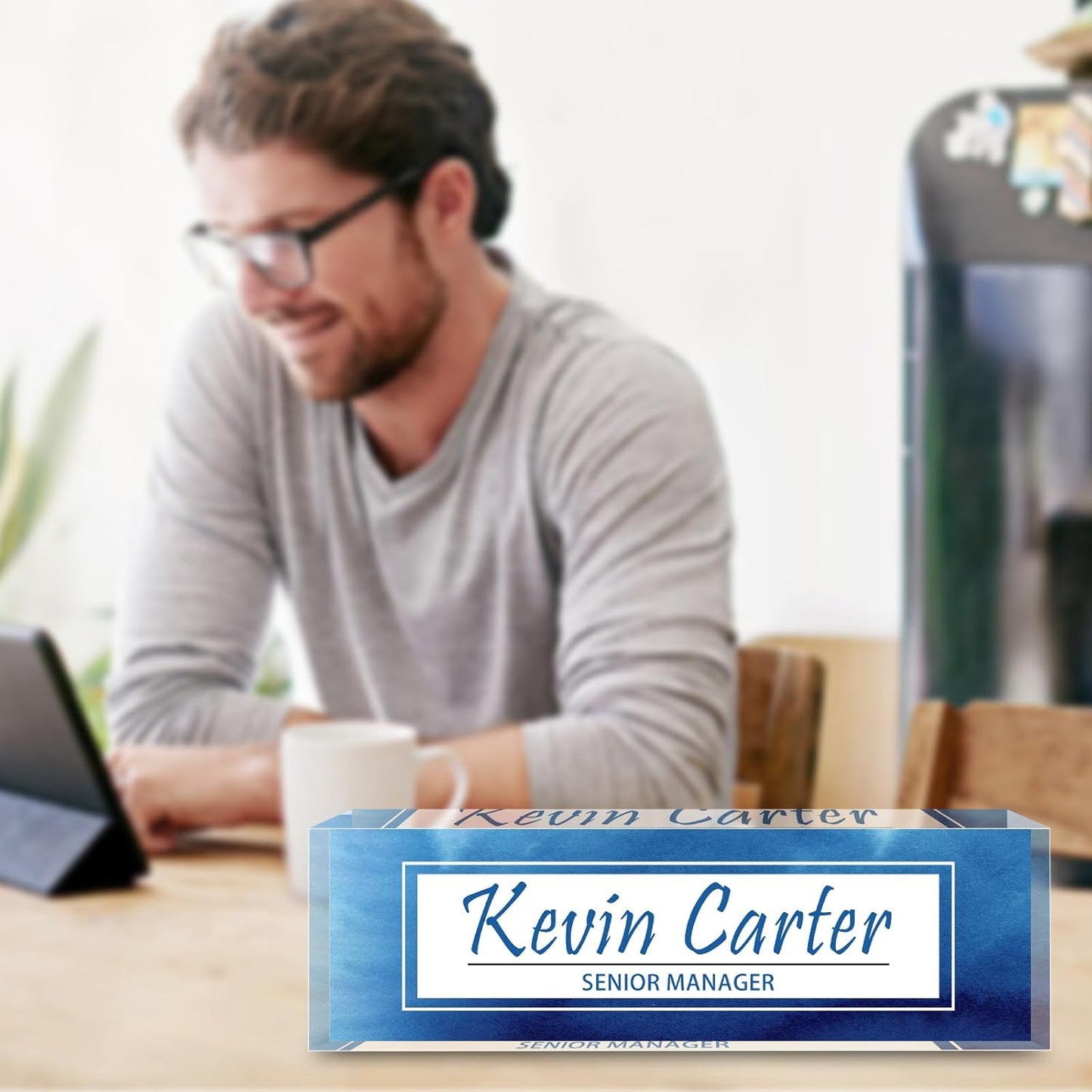 Name Plate for Desk Personalized, Acrylic Desk Decorations, Employee Appreciation Gifts, Custom Office Gifts for Coworkers, Boss, Teacher, Nurse (Blue White Marble)