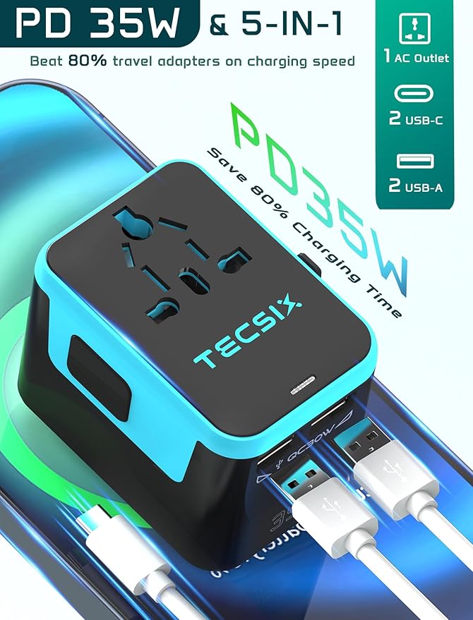 Universal Travel Adapter Worldwide PD 35W, TECSIX International Power Adapter Fast Charging with 2 USB C, 2 USB A Multi Outlets, Gan Travel Plug Adaptor for EU US UK AUS 200+ Countries