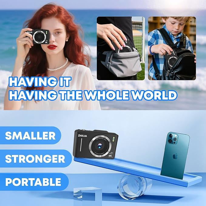 Digital Camera, Autofocus 4K Vlogging Camera for Photography with 64GB Card, Full HD 4K Point and Shoot Camera Portable Compact and Shoot Digital Camera for 16X Zoom, Anti-Shake, for Beginners, Black
