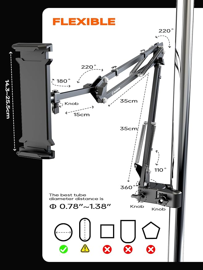 Tablet Stand, Tablet Mount Adjustable with Clamp for Round tube, Universal Flexible Tablet Holder with 360 Degree Rotation for iPad/iPhone/iPad Pro/N-Switch,or Other 4.5~13.5 Inches Devices (Black)