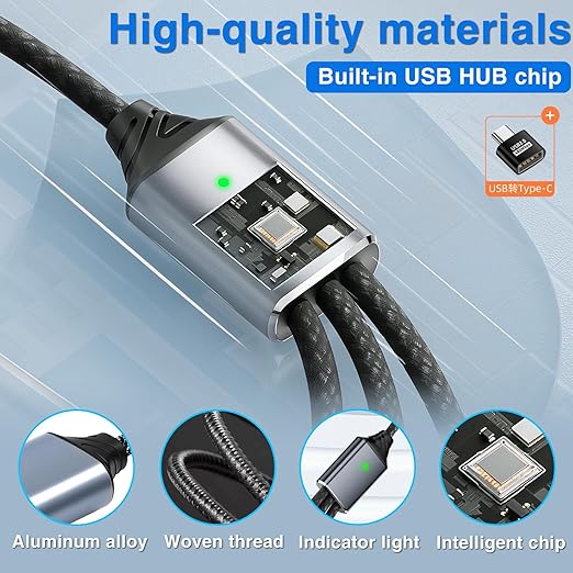 Duttek USB Splitter 1 to 3 with USB A to C Adapter, USB 2.0 Extension Cable 3 Port Hub for PC, MacBook, Laptop, Flash Drive, Keyboard 0.8FT/25cm-Grey