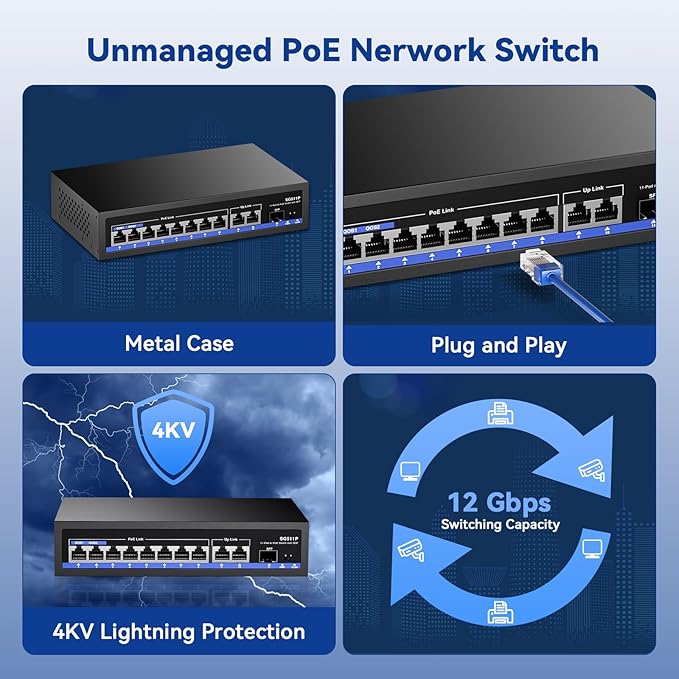 11-Port PoE Gigabit Switch, 8 PoE+ Port, 2 Gigabit Uplink, 1 SFP Port, 120W AI Detection, Qos, Fanless Metal Plug & Play Unmanaged Network Switch
