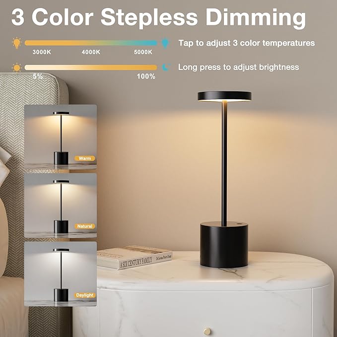 Kakanuo Cordless Lamp, Rechargeable Lamp, Touch Control, 3 Color Temperature, LED Outdoor Wireless, Battery Operated Lamps, Stepless Dimmable, Black