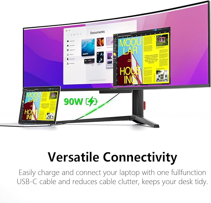 INNOCN 49" 49Q1S OLED Curved Gaming Monitor 5120 x 1440p 240Hz, 0.03ms, USB Type C 90W, HDMI 2.1, DisplayPort, USB Hub, Surrounding Speakers, Adaptive-Sync, Height Adjustable Stand, Black